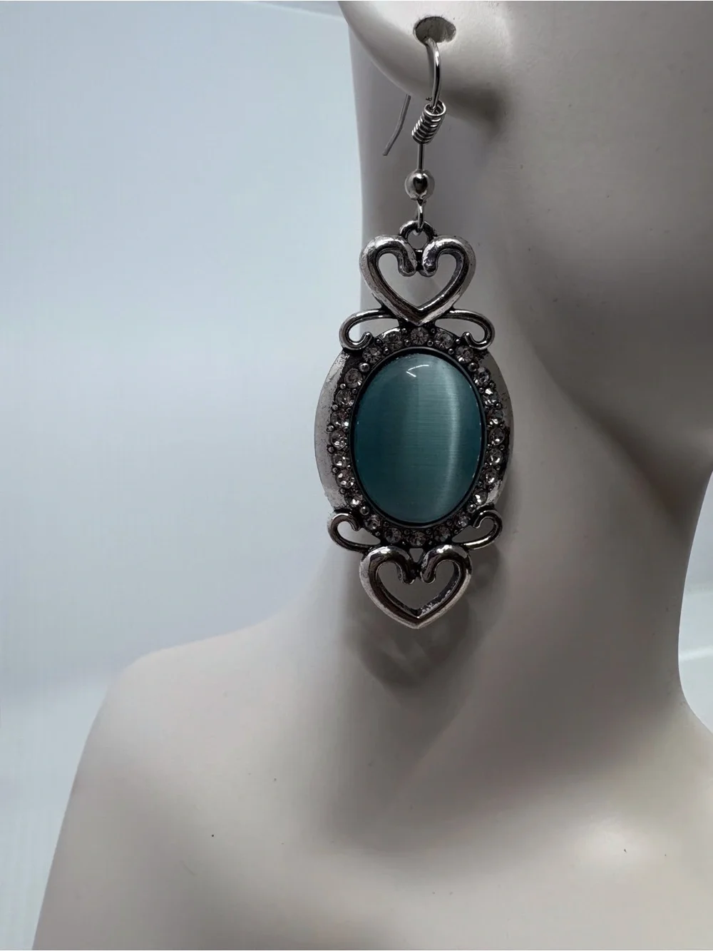 Silver-Tone Teal Cabochon Heart Dangle Earrings